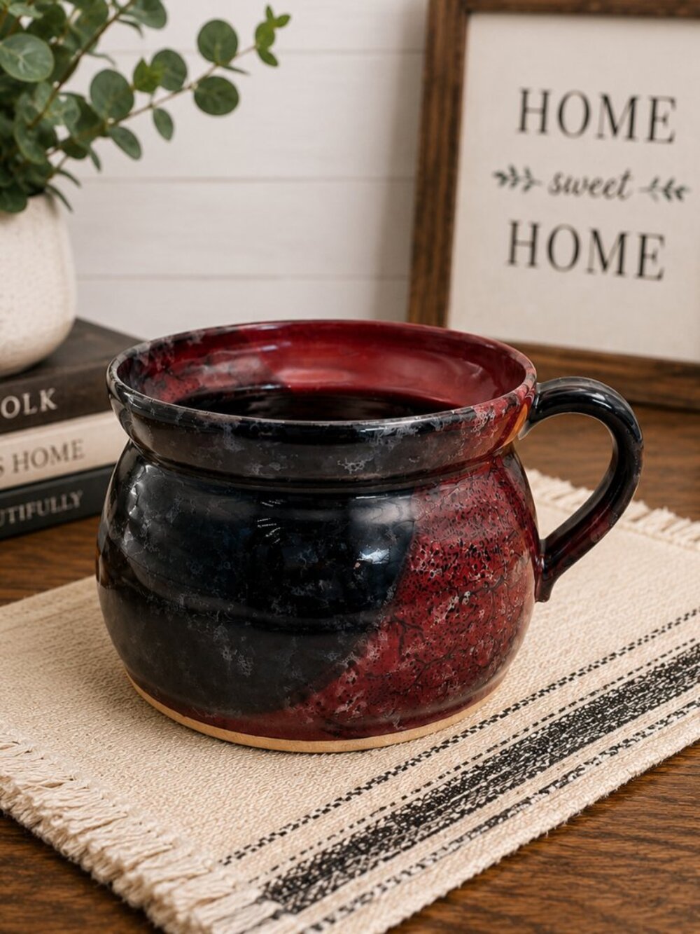 Callicutt Pottery Signed Artisan Soup Mug Bowl Red Black Studio Pottery 16 oz